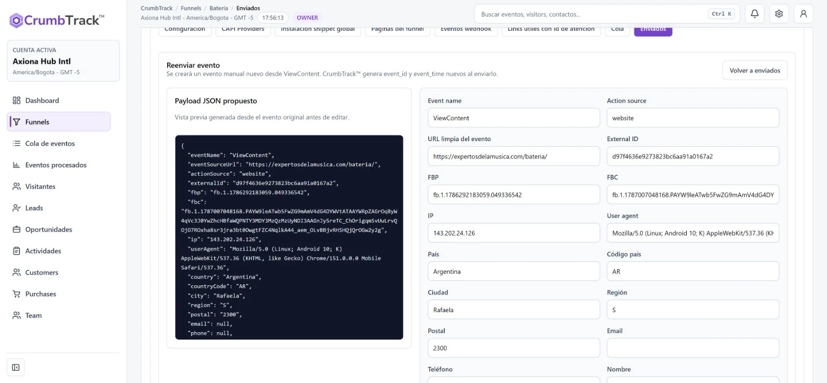 Registro manual de eventos y reenvíos con confirmación de envío a Meta CAPI