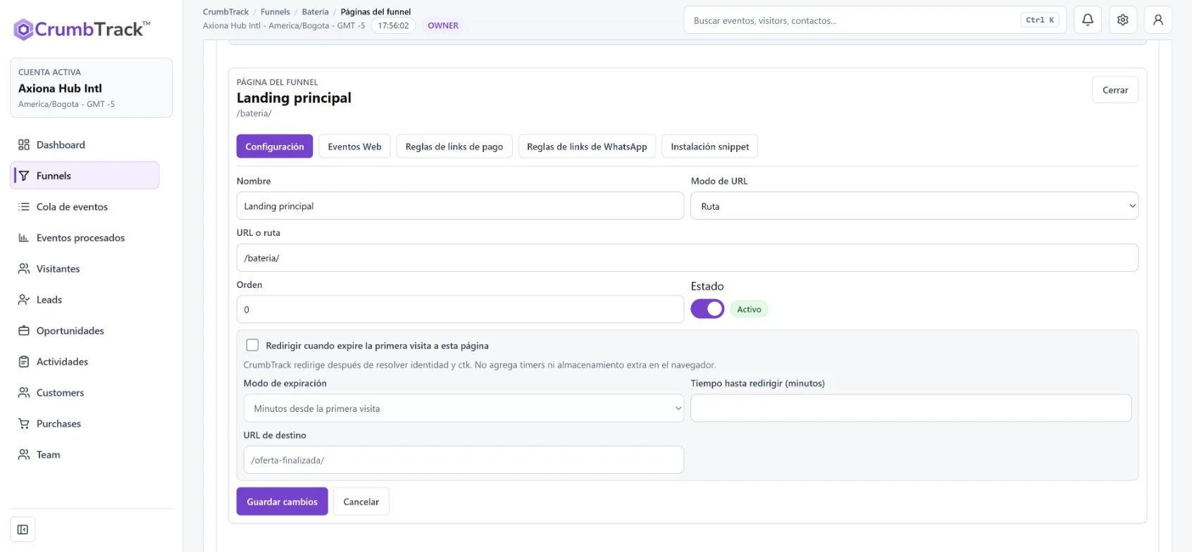 Panel de reglas de redirección automatizada con modos por expiración e individual